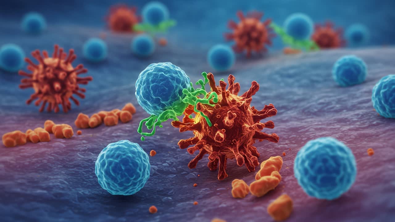 Interazione microscopica tra cellule immunitarie e patogeni, che raffigura la complessa battaglia della risposta immunitaria dell'organismo contro l'invasione virale