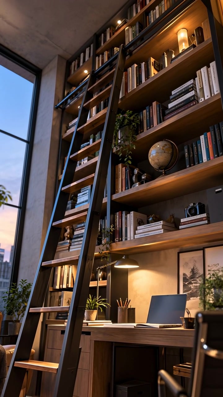 Warm shelf lights illuminate books, globe, greenery, framed art, and workspace while the vertical view slowly rises beside a dark library ladder and blue evening window.