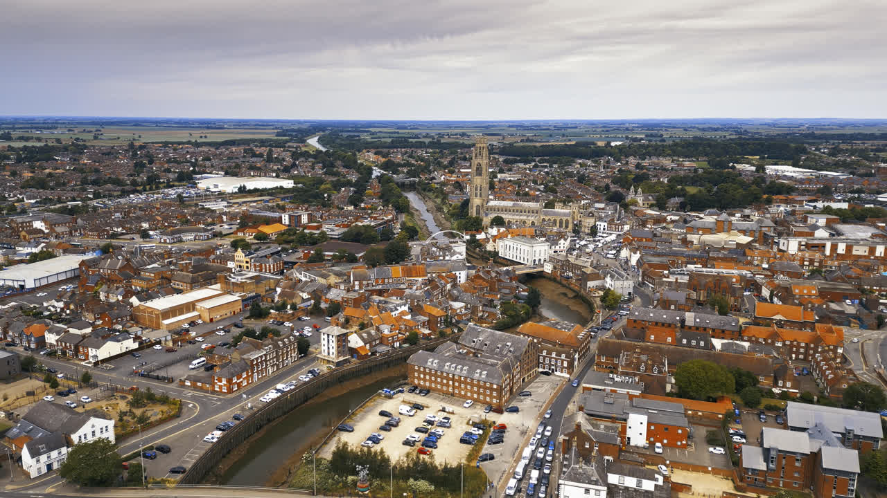 scenic beauty of Boston, Lincolnshire, in mesmerizing aerial drone footage: Port, ships, Saint Botolph Church , Saint Botolph's Bridge