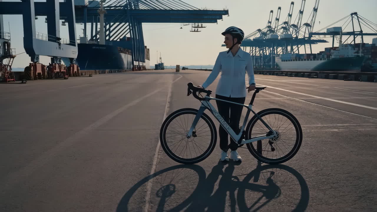 Woman with a Bicycle at a Busy Shipping Port