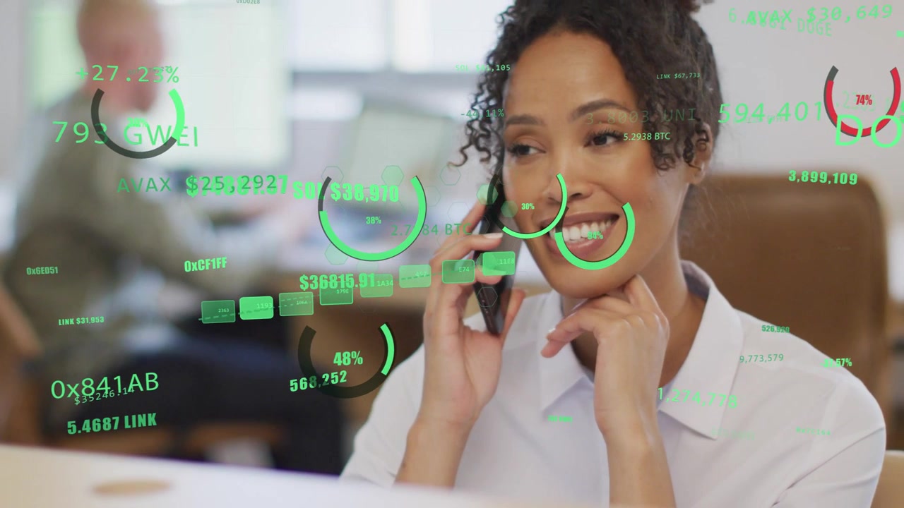 Woman answering phone and discussing finance while HUD tickers DOT LINK moving over frame smiling