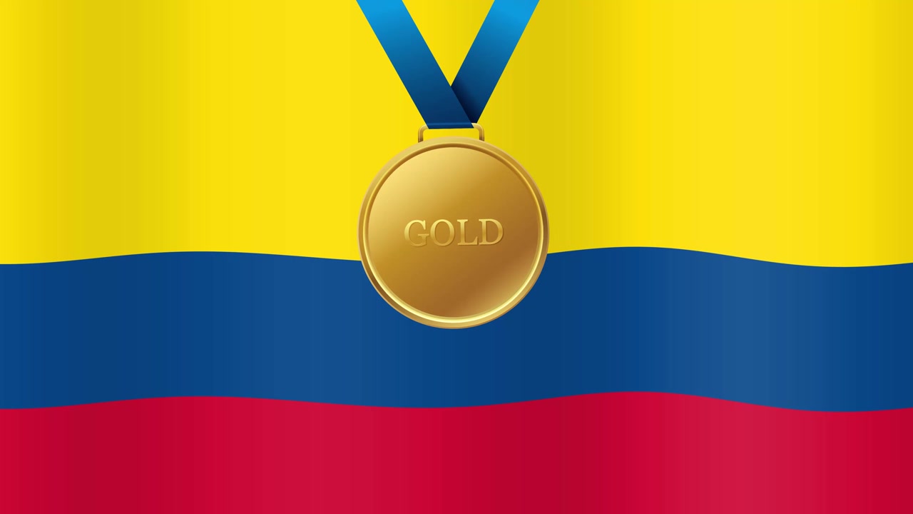 Una medaglia d'oro scende su uno sfondo con bandiera colombiana che sventola in un loop continuo
