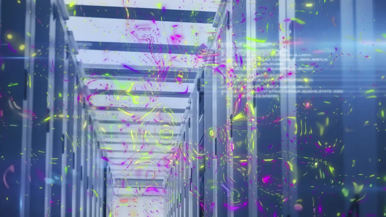 Animation of colorful shapes and data processing over server room