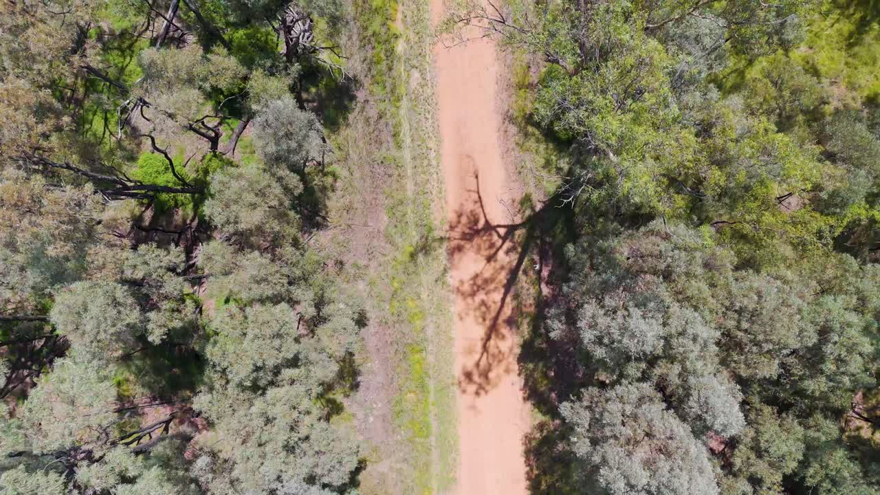 el avión no tripulado vuela sobre una pista de tierra de matorral