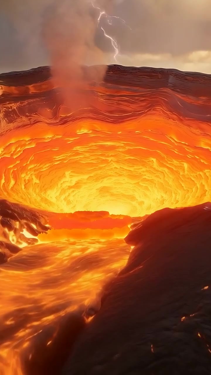 Vidéo verticale : Magma montant alimentant le cratère, envoyant une rivière de lave en fusion à travers une caldeira accidentée.