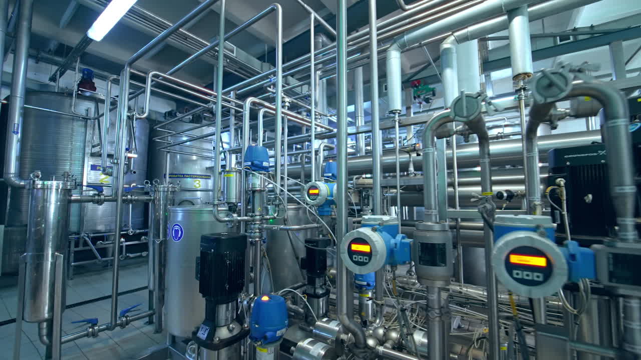 Pipelines with faucets, valves, sensors and engines. Gradual distancing from complicated equipment at milk factory.