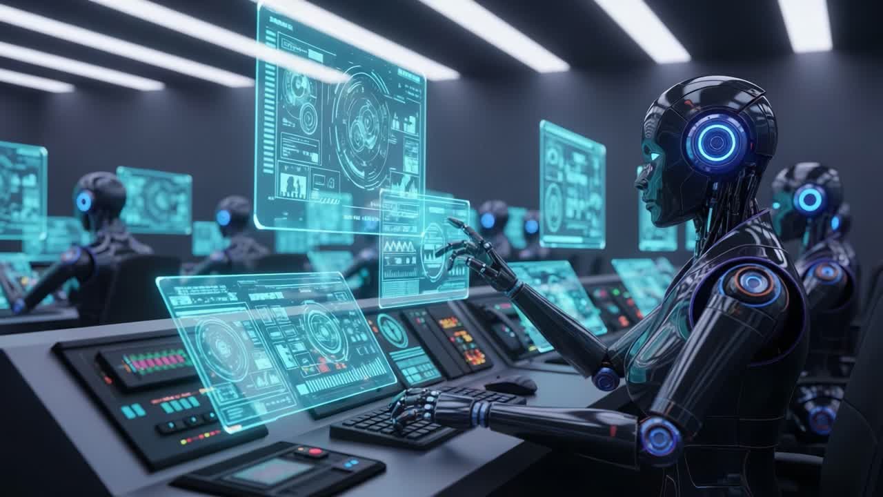 Futuristic Robotics Control Room with Advanced AI Interfaces and Holographic Displays, Showcasing the Evolution of Technology in Automation and Data Processing