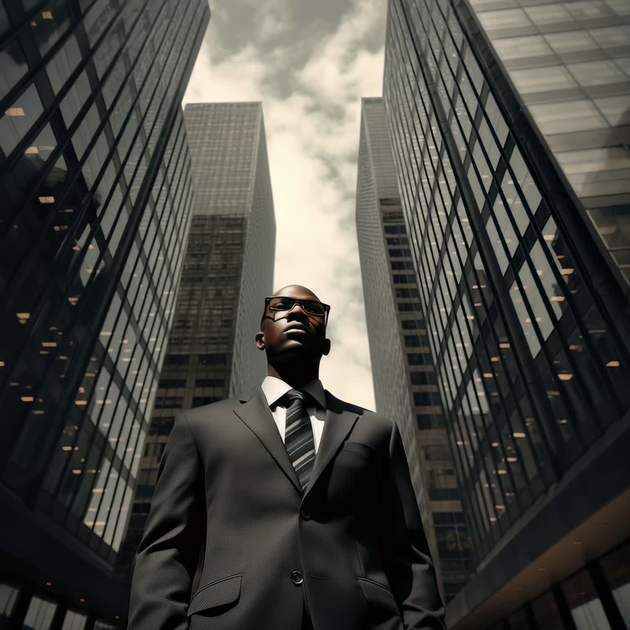 Low-angle video shot of a confident businessman in a suit, standing between towering skyscrapers