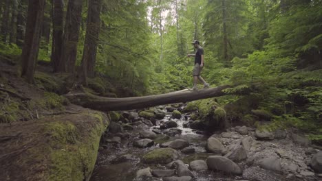 slow motion man crossing over stream in the forest in the pacific northwest