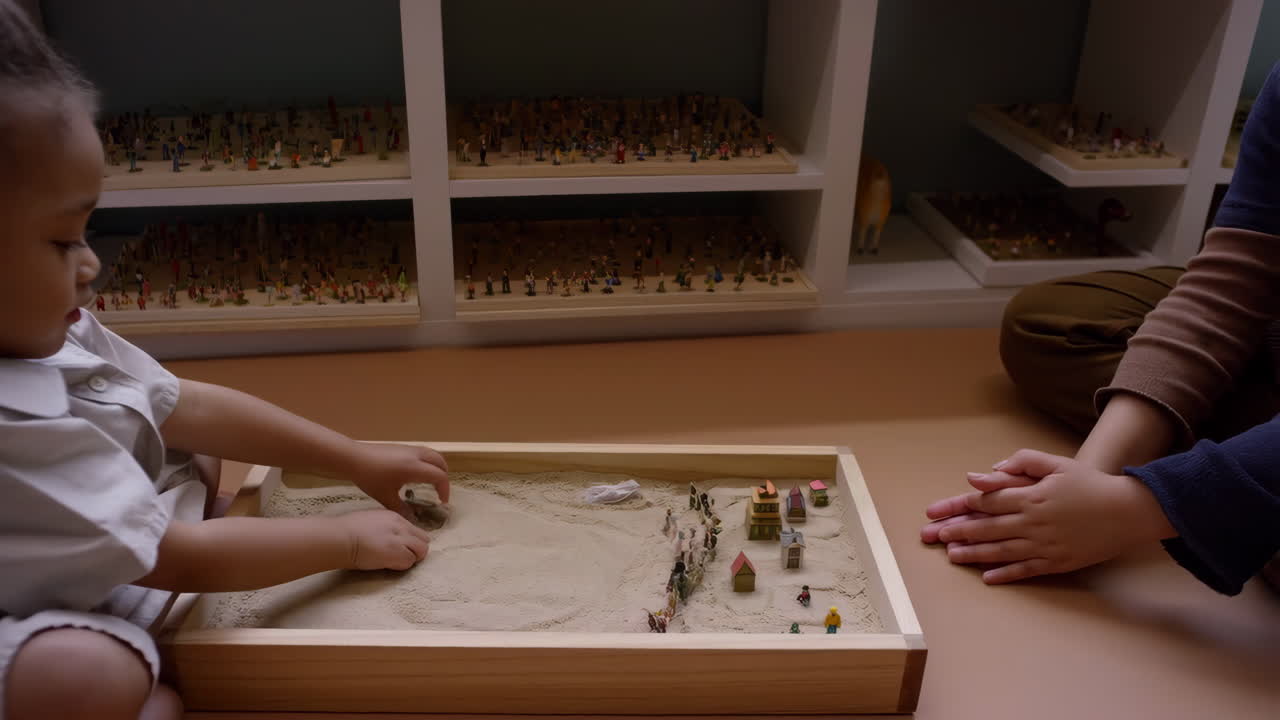 Children playing with a sand tray and miniature figures