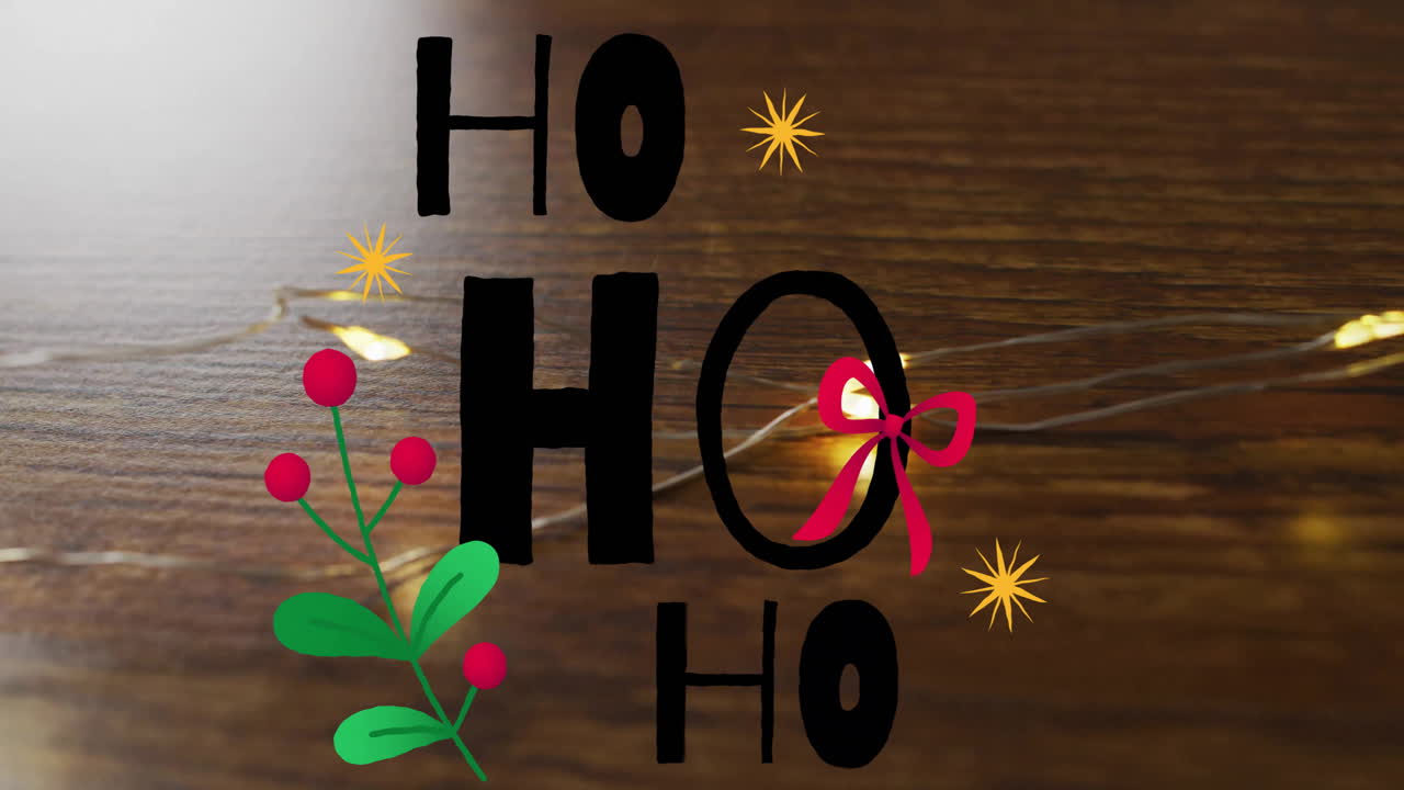 Animation of ho text over christmas decorations