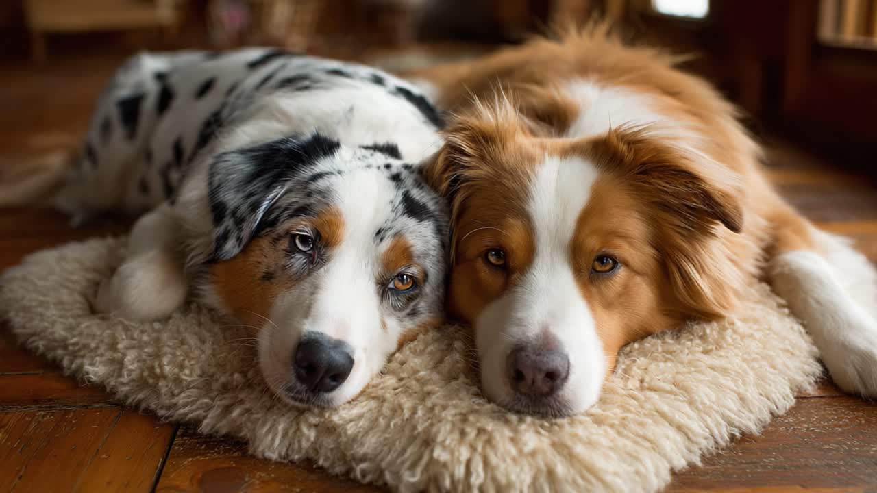 Twee schattige honden die samen ontspannen op een zacht kleed, waarbij hun unieke kenmerken en zachte uitdrukkingen worden getoond in een gezellige binnenomgeving
