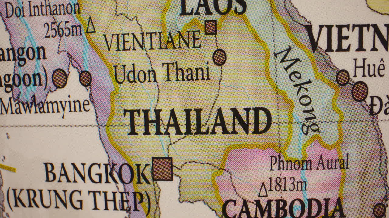 Close-up of a map of Southeast Asia showing Thailand, Laos, and surrounding countries