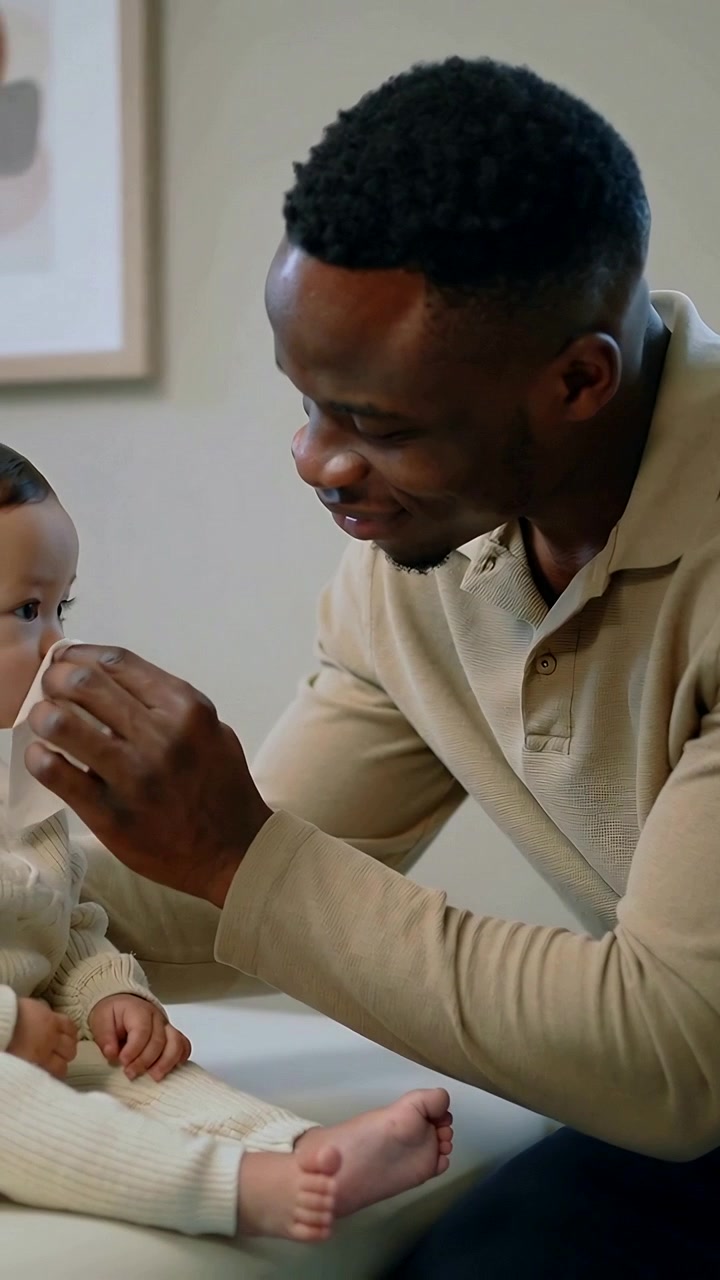 Vertical video: Reaching parent beige top with white wipe cleaning baby nose, eyes at home soothing