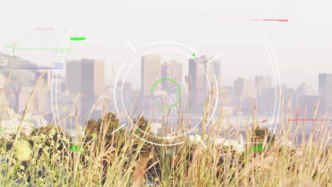 targeting system animation over cityscape and tall grass in foreground