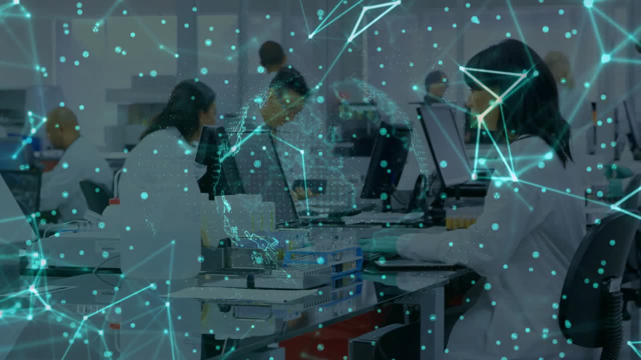 Lab technician loading paper into scanner entering data spinning globe pulsing nodes for research