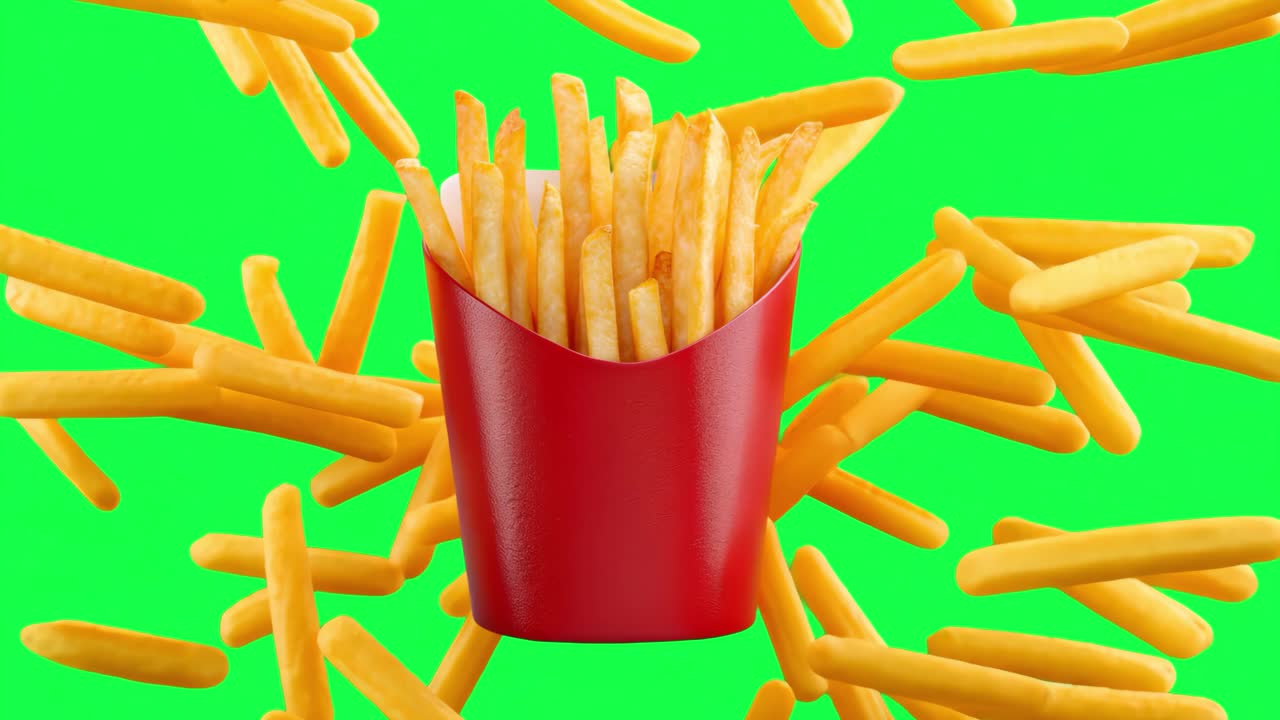 French fries in red packaging animation, transparent 4K video, green screen