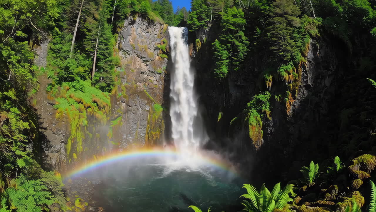 Rainbow Waterfall in a Lush Forest