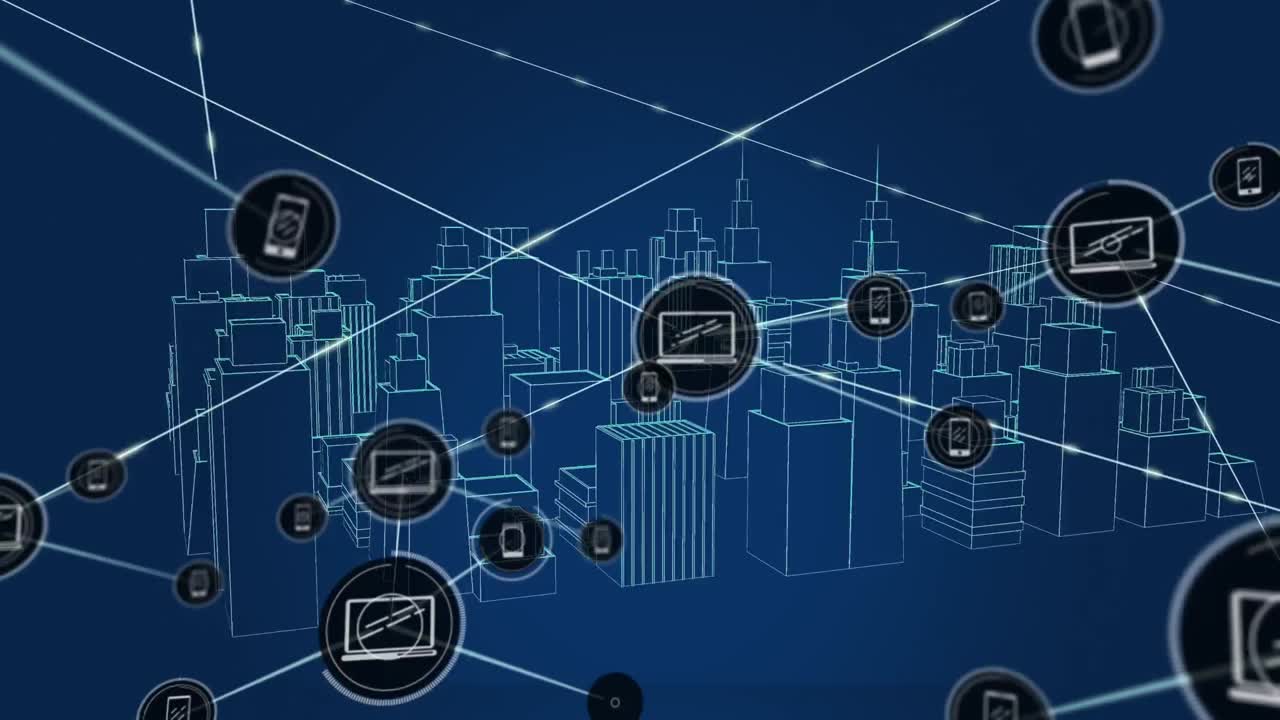 Animation of phone and laptop icons connecting with lines over graphical skyscrapers