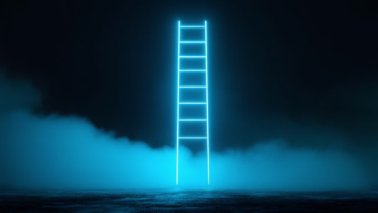 A Glowing Neon Ladder in a Foggy Environment: The Ethereal Visual of Light and Shadow, Symbolizing Aspirations and Journeys Beyond the Ordinary in a Mystical Setting