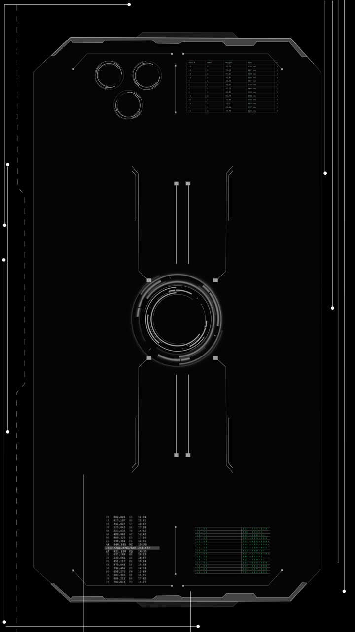 Dark tech display frame with circular scanner grey interface borders small data tables clean hud