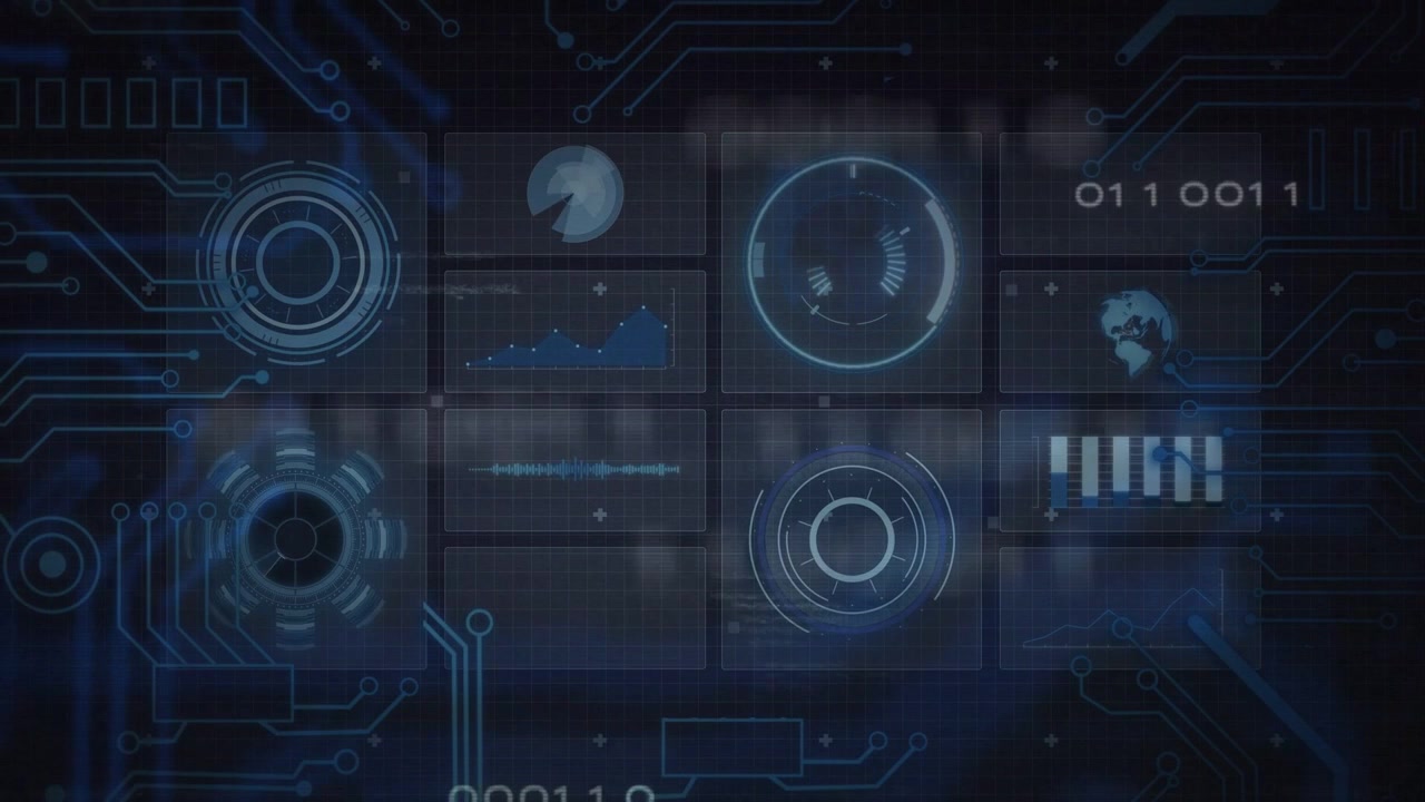 Holographic 3x3 grid brightening with blue circuit traces sweeping, revealing diagnostics charts