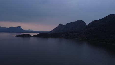 Aerial-of-Palar-Dam-Reservoir-at-sunset,-Tamil-Nadu,-India