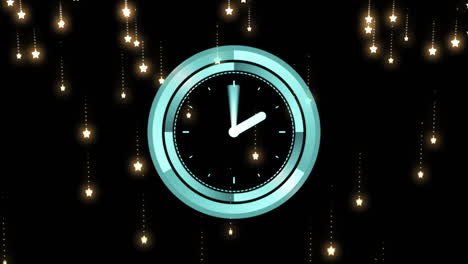 animación de un reloj con manecillas en movimiento sobre estrellas brillantes sobre fondo negro