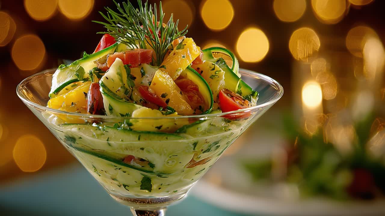 A vibrant and fresh salad composition showcasing colorful vegetables and herbs, artfully presented in an elegant glass, designed to delight the palate and appeal to the eye