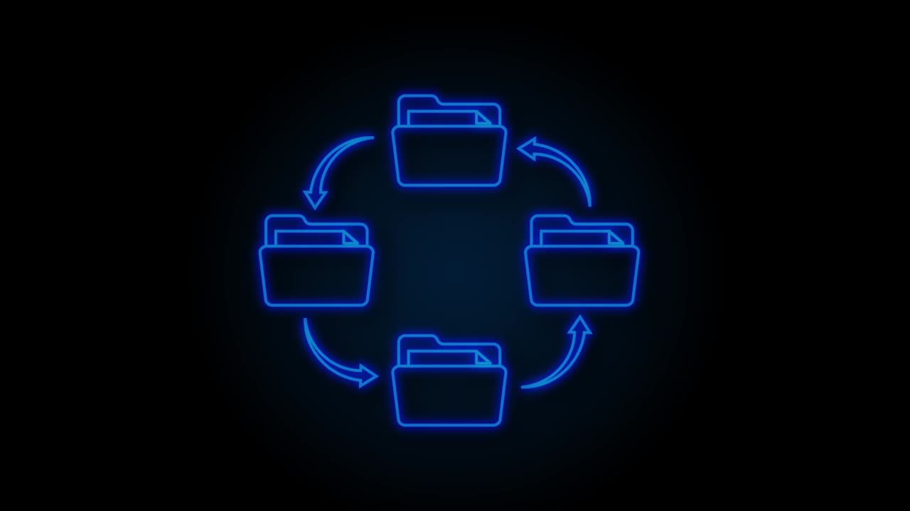 icono de neón con intercambio de archivos. icono de almacenamiento en la nube. almacenamiento de datos. gráfico de movimiento