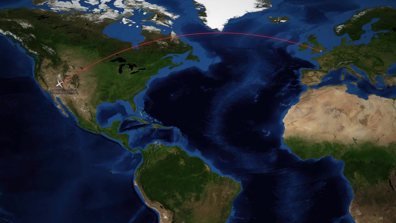 Una linea rossa traccia un aereo che vola attraverso l'Oceano Atlantico su una mappa del mondo