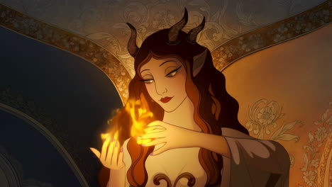 animated horned sorceress manipulating magic