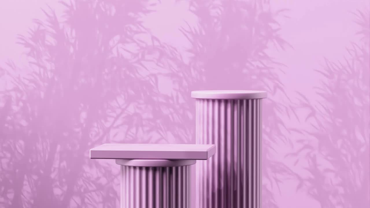 Minimalist teal display podium with two cylindrical platforms and abstract foliage shadows on pink background. Product showcase, modern presentation, and branding concept.