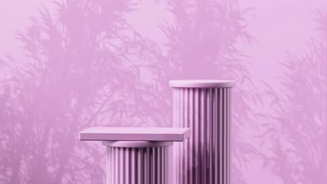 minimalist teal display podium with two cylindrical platforms and abstract foliage shadows on pink background. product showcase, modern presentation, and branding concept.