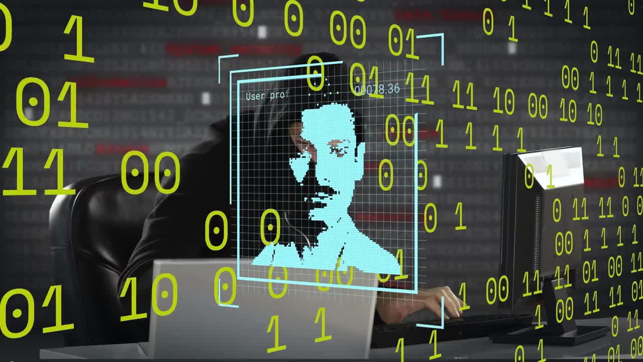 animación de procesamiento de datos e iconos sobre hacker masculino caucásico