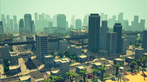 Low-poly-3d-animation-of-the-city-life.-Urban-aerial-view-of-the-city-block-with-skyscrapers,-offices,-shops-and-cars-driving-on-the-streets.-People-are-walking-on-the-crosswalks.