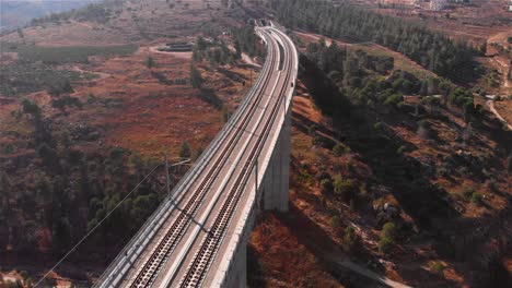 aerial view of a train bridge across a mountainous landscape