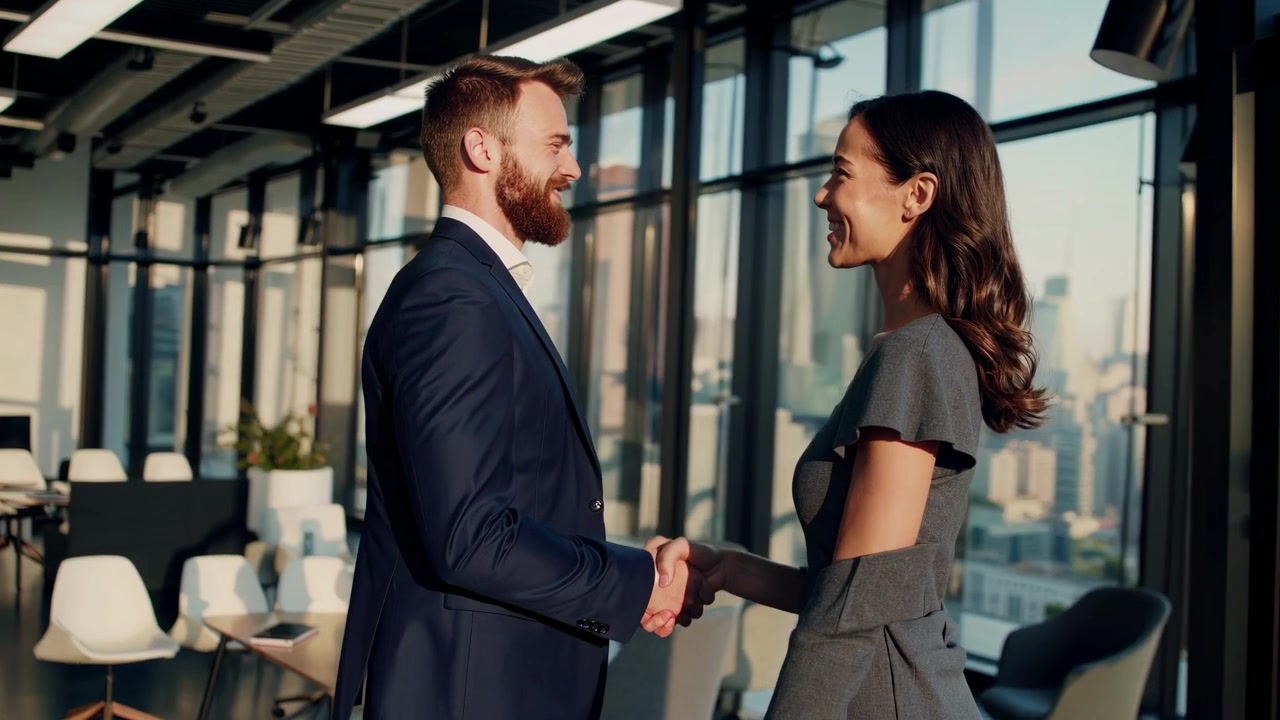 Uomo e donna d'affari che si stringono la mano in un ufficio moderno.