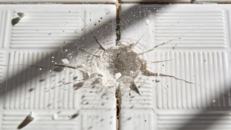 Striking projectile forming circular crater on white tile floor, sending radial cracks and dust