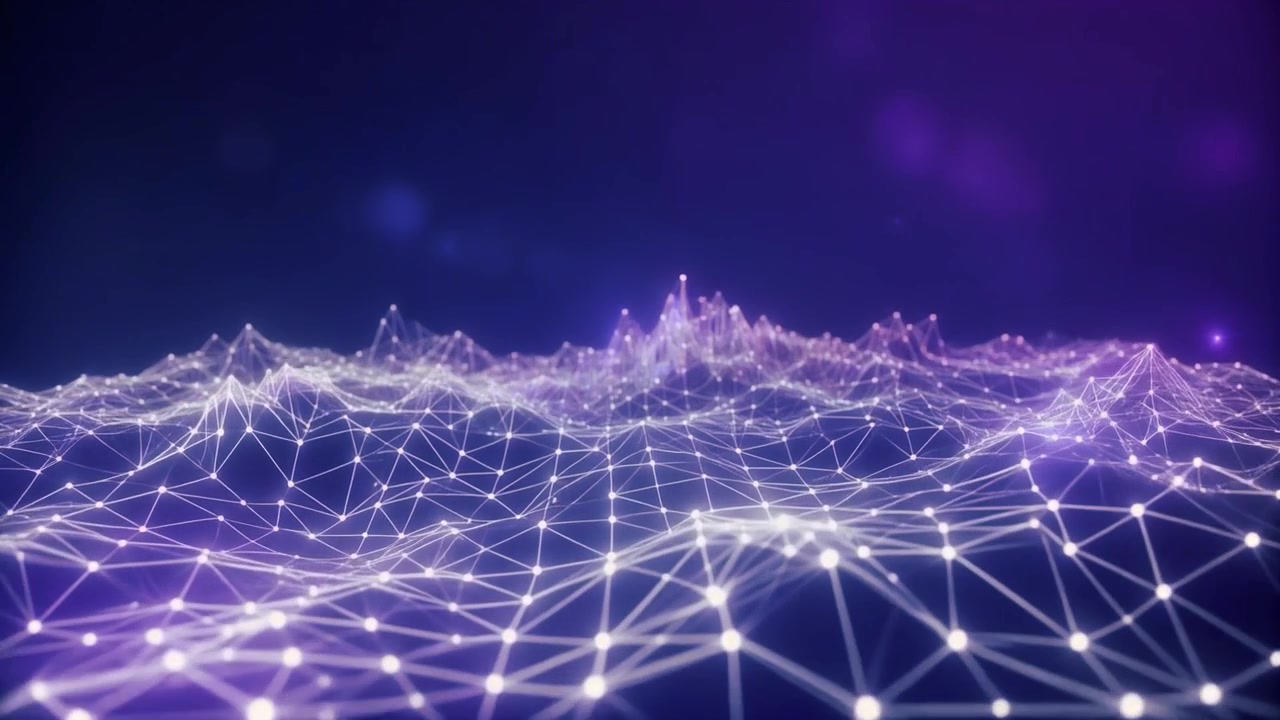 Paesaggio di rete digitale astratto con nodi e connessioni luminosi