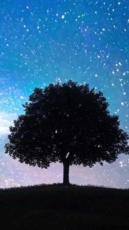 a tree is silhouetted against a dark sky with many stars. concept of solitude and peacefulness, as the tree stands alone in the vastness of the night sky. the stars twinkle above