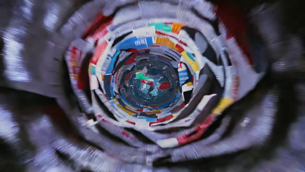 Moving camera pushing through spinning paper tunnel in cylinder, revealing barcodes and labels