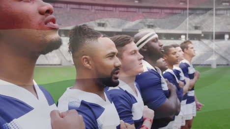 Animation-of-flag-of-netherlands-over-diverse-male-rugby-players-at-anthem-at-stadium