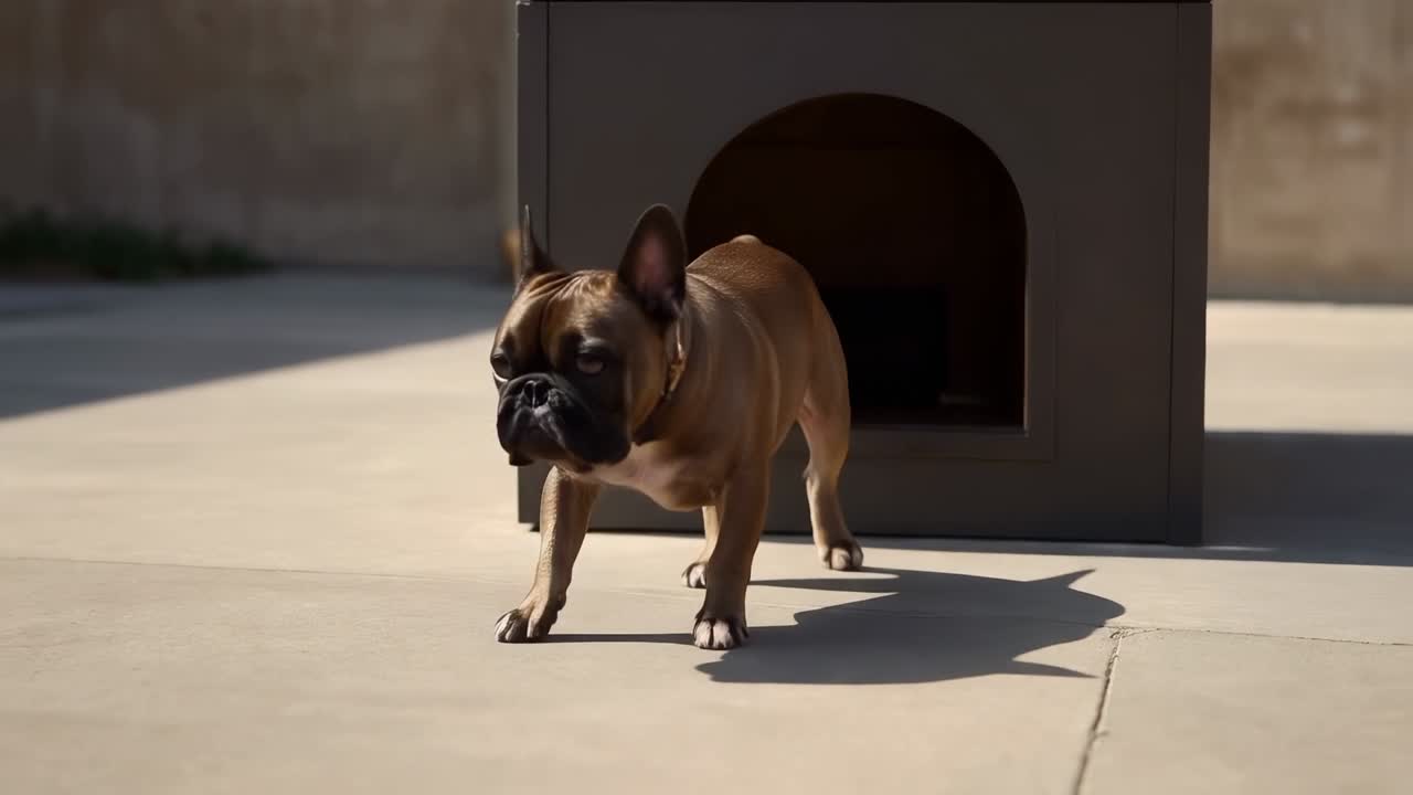 Exiting dark doghouse, French Bulldog stepping onto sunlit patio, surveying area and showing collar