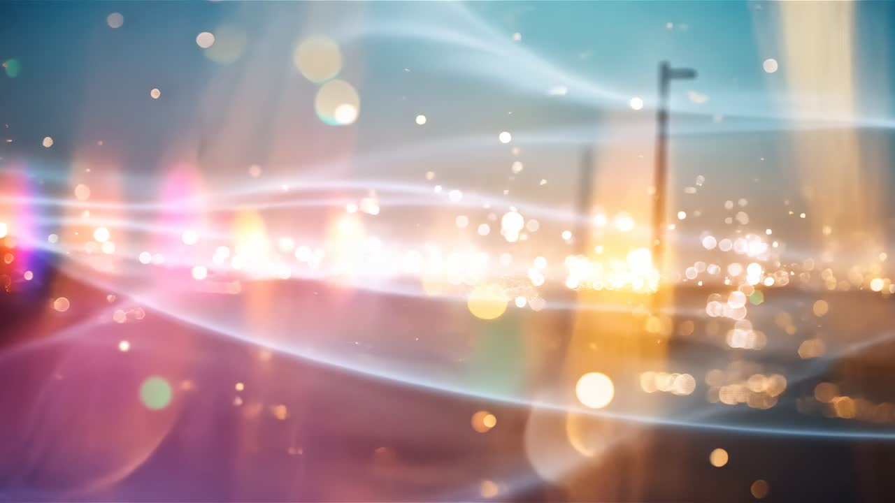 Opening with dusk skyline, bokeh drifting as light bands rising diagonally, forming ambient loop