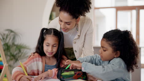 mother, girls and writing homework with helping