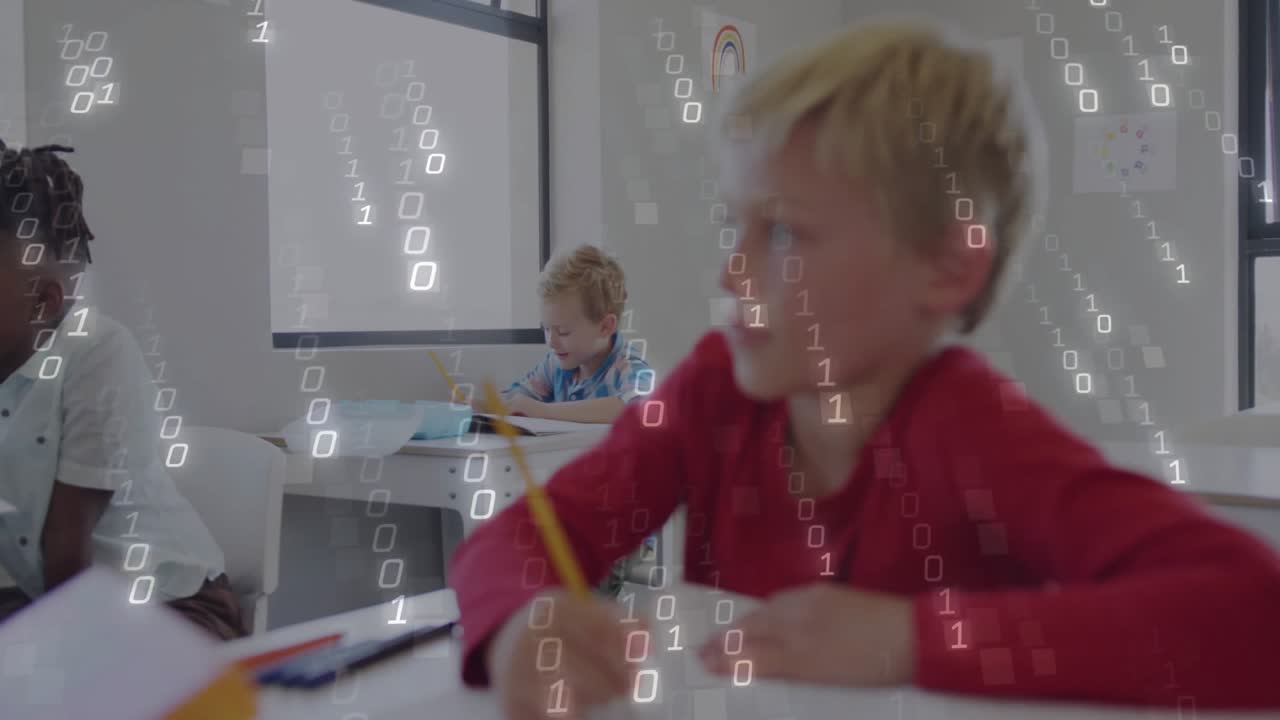 Camera focusing on blonde child starting writing lesson with binary overlay drifting over classroom