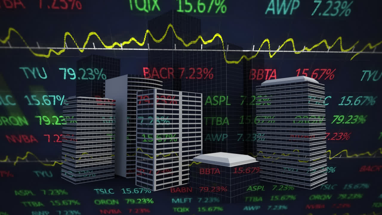 현대 도시를 배경으로 한 주식 시장 디스플레이의 애니메이션