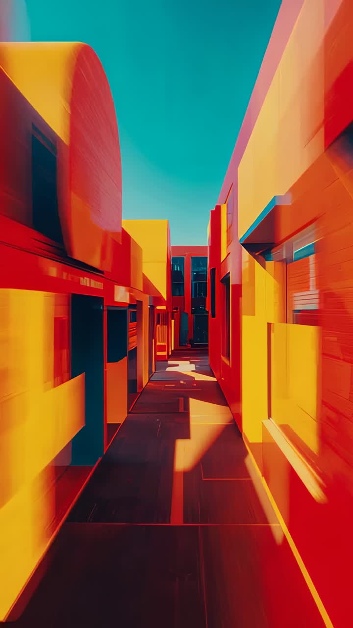 Vertical video: Camera entering corridor gliding toward doorway under blue sky, with shadows