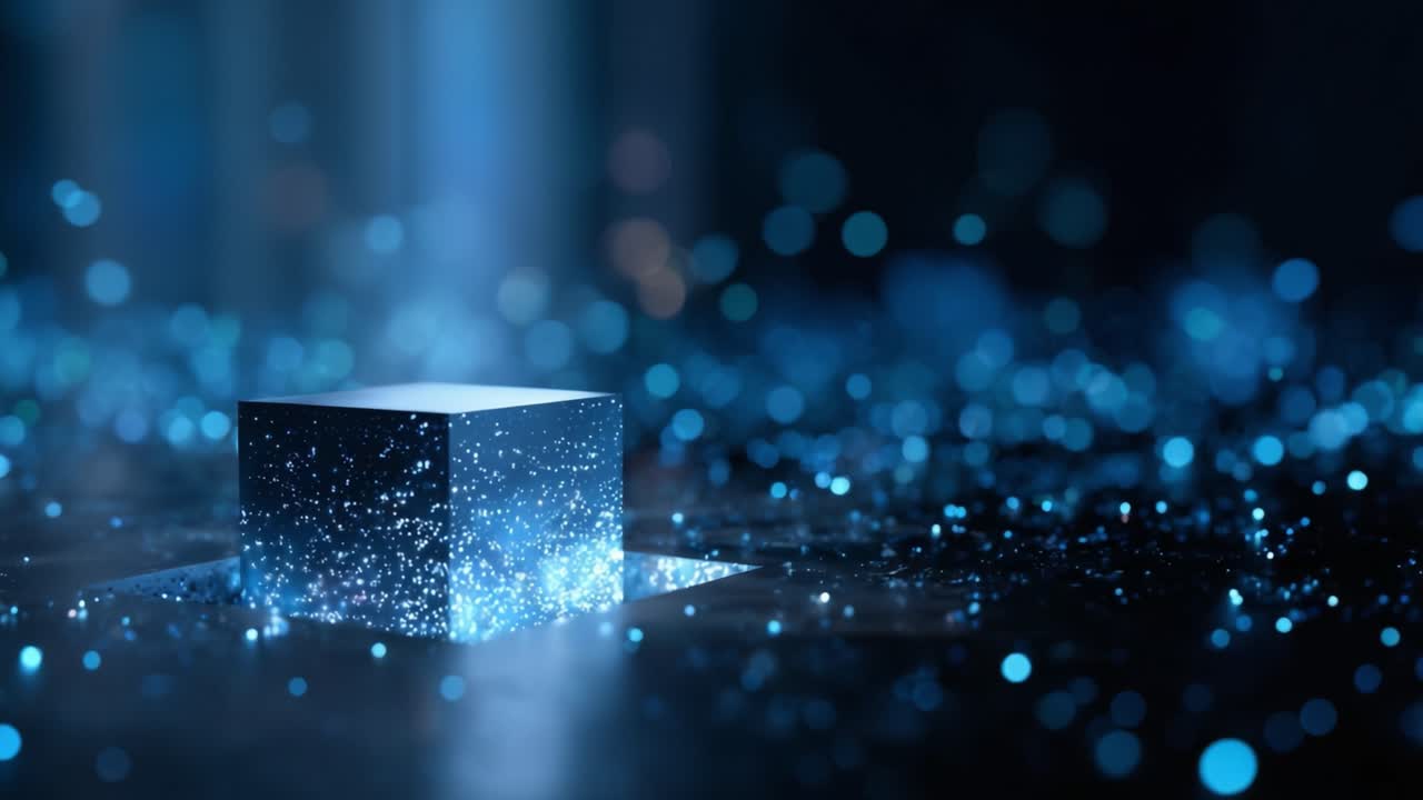 A mesmerizing cube radiating blue particles in a mystical realm, surrounded by ethereal glows, reflecting light and creating an enchanting atmosphere of depth